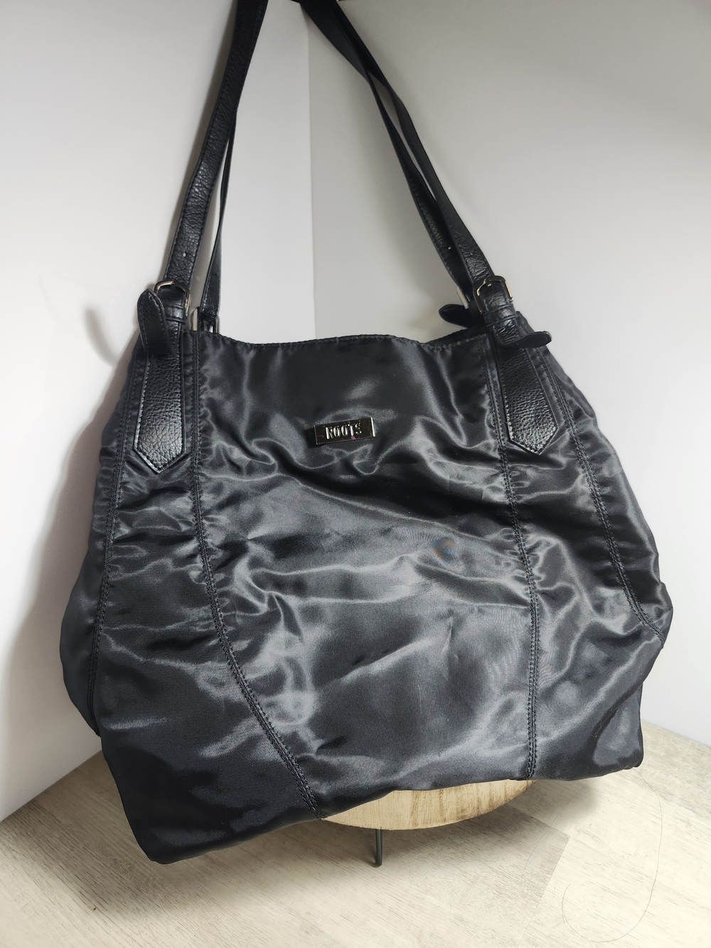 Roots Black Nylon Shoulder Tote with Leather-Effect Straps